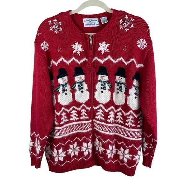 Vintage Croft & Barrow Hand Knit Zip Front Snowmen Holiday Red Cardigan Sz S - Picture 3 of 11